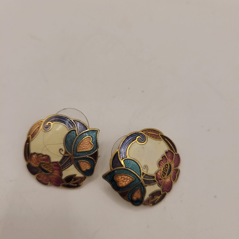 Vintage Flower Cloisonne Enamel Bluе Pink Butterfly Pierced Earrings